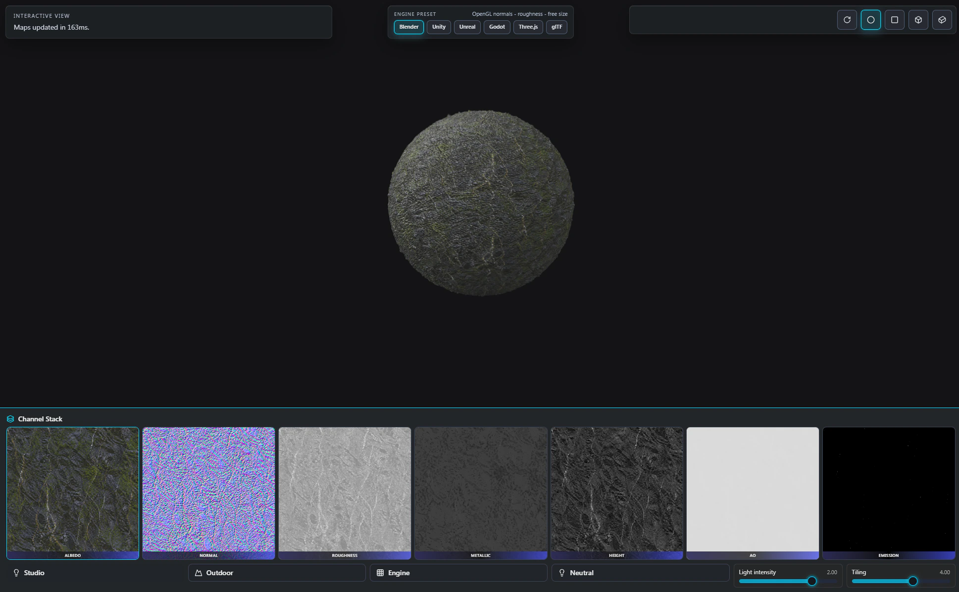 PLAYTEX AI PBR workspace preview showing engine presets and seven aligned texture-map outputs