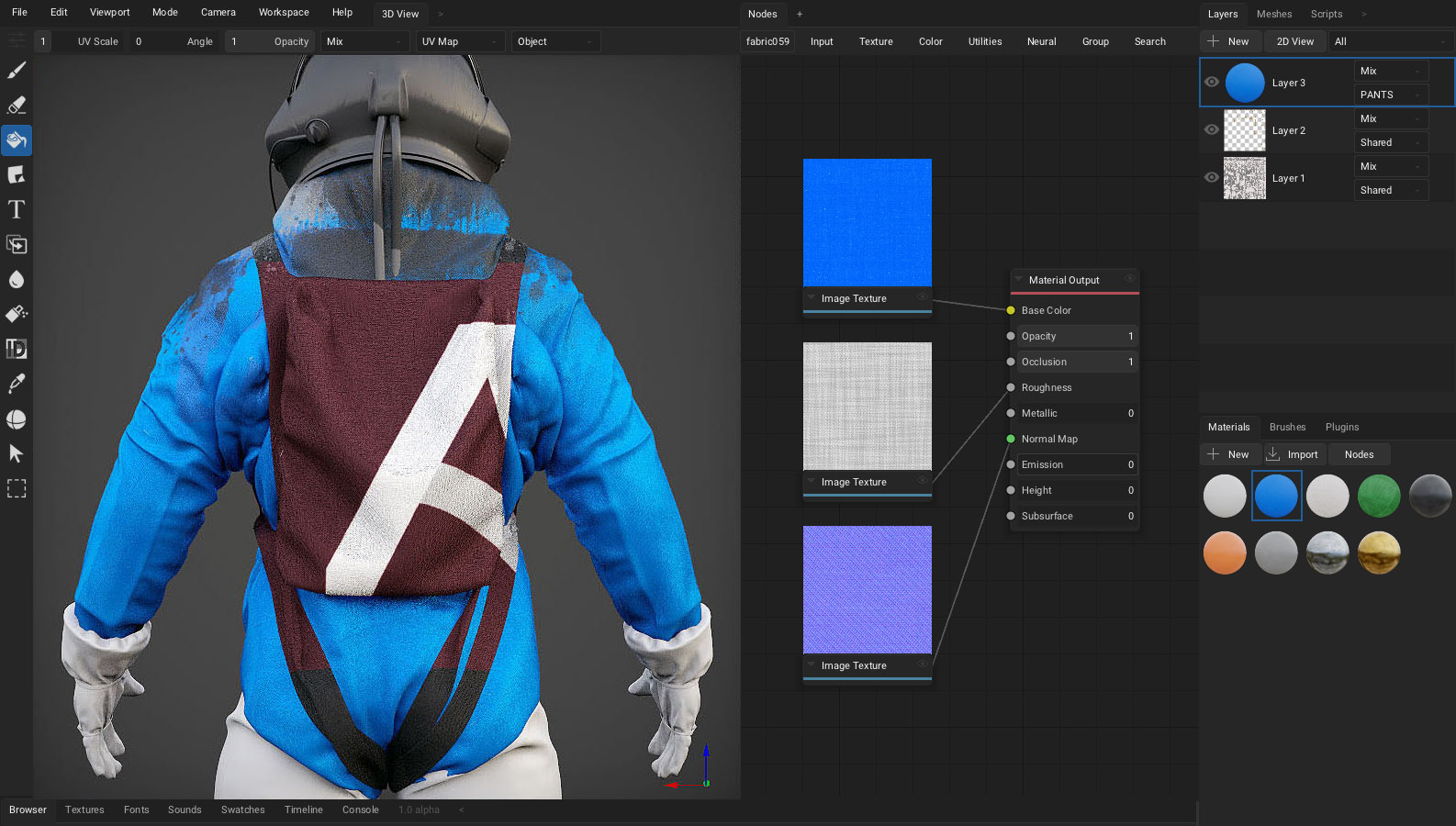 Official ArmorPaint screenshot showing a textured 3D character, material nodes, layers, and material swatches