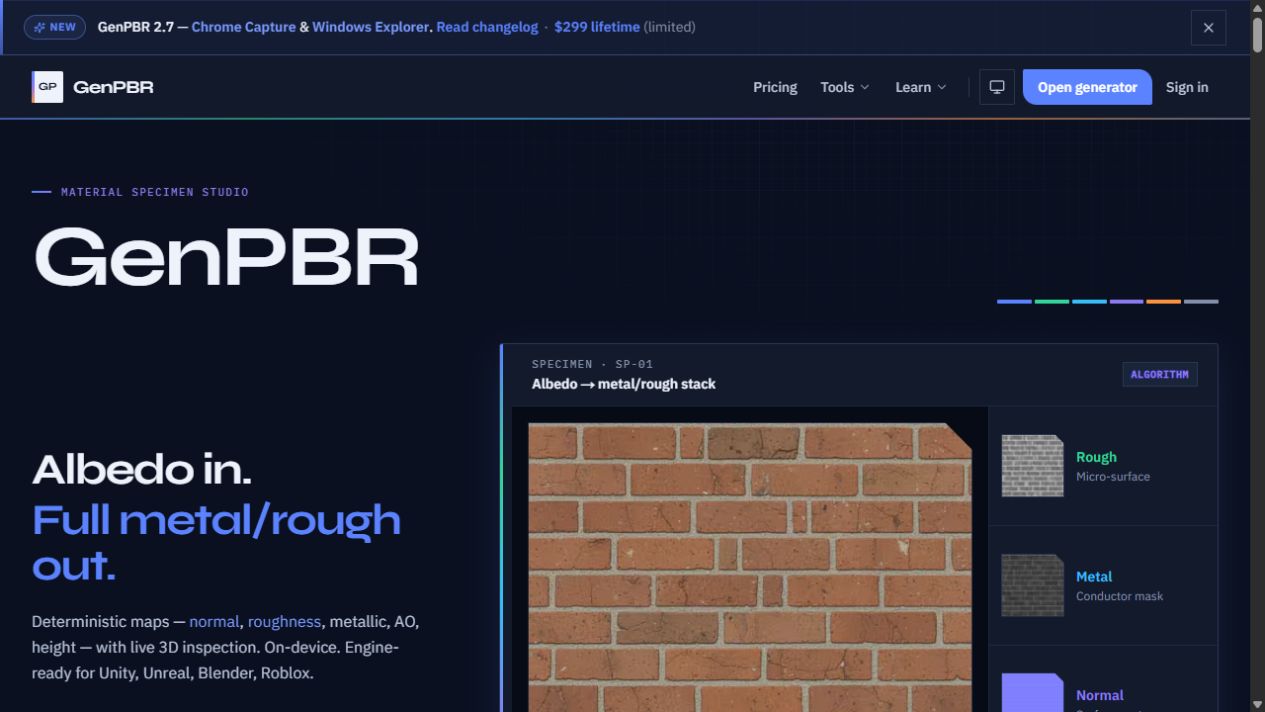 GenPBR official website showing an albedo-to-metal-rough workflow and material map outputs