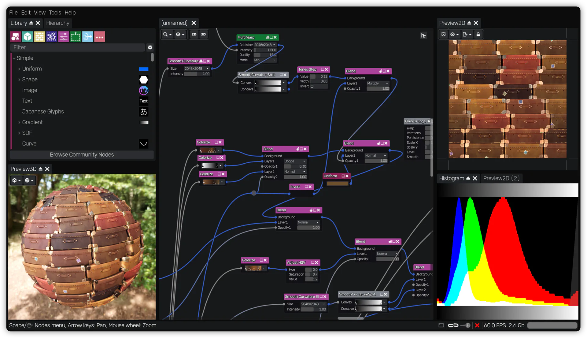 Official Material Maker 1.7 interface showing its node library, procedural graph, 2D preview, 3D preview, and histogram
