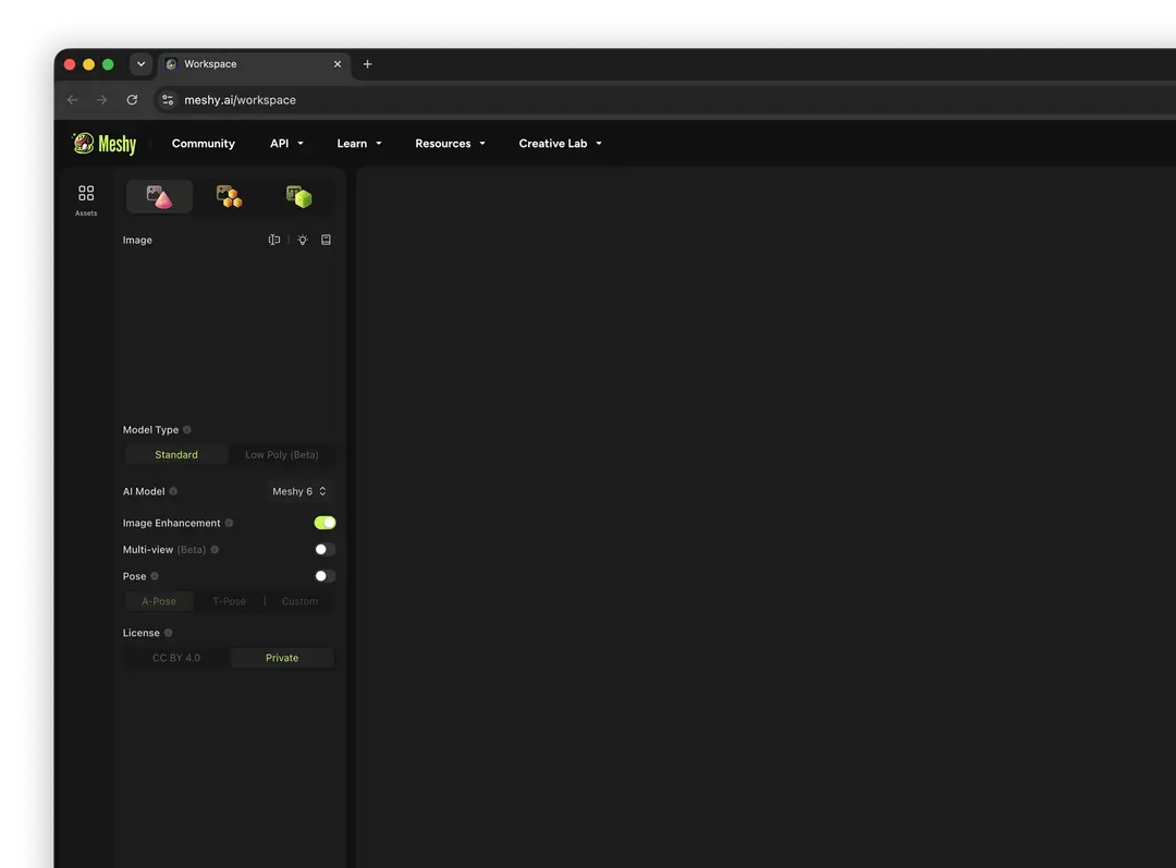 Official Meshy workspace image showing the image-to-3D controls beside the model viewport