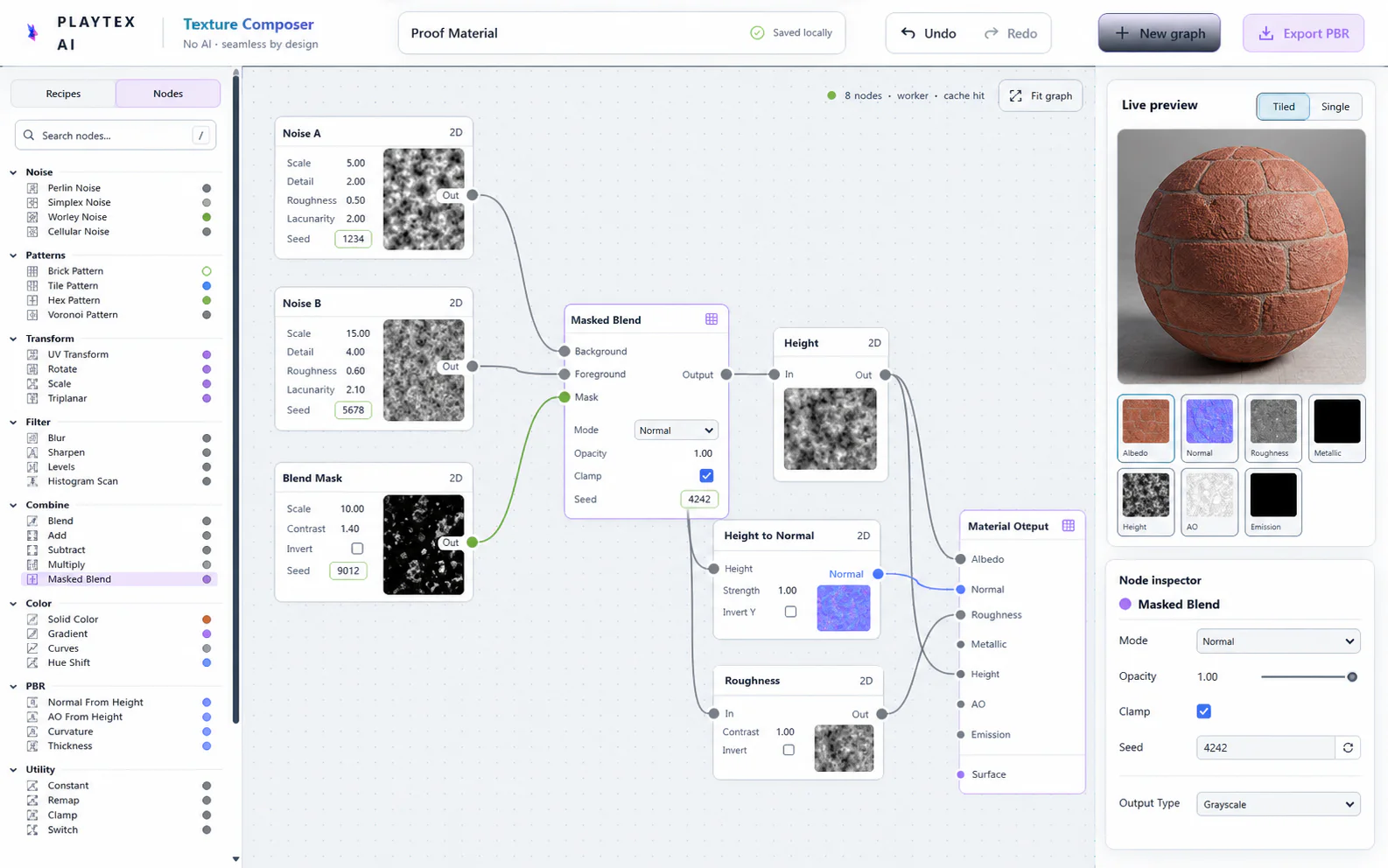 PLAYTEX AI Texture Node Editor showing a reusable procedural graph, live tiled preview, seven PBR outputs, and export controls