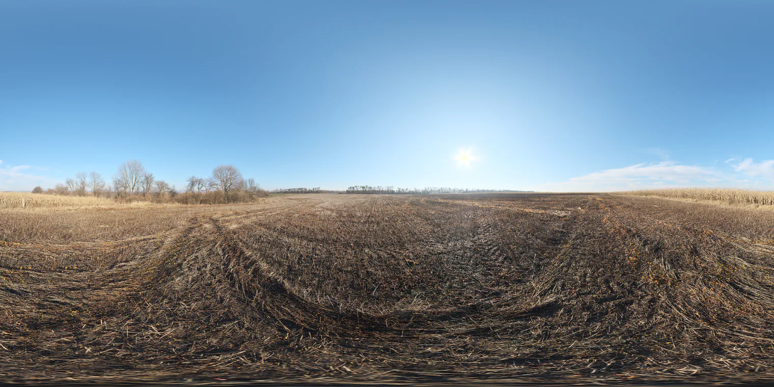 Poly Haven Harvest 16K unclipped HDRI preview showing a clear rural field and low sun