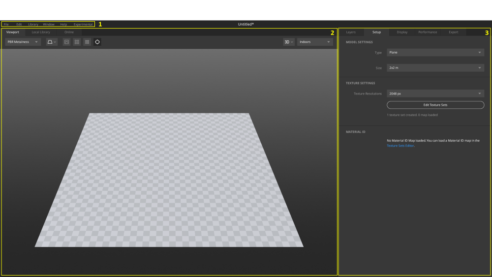 Official Quixel Mixer interface diagram showing its menu, 3D viewport, and setup panel