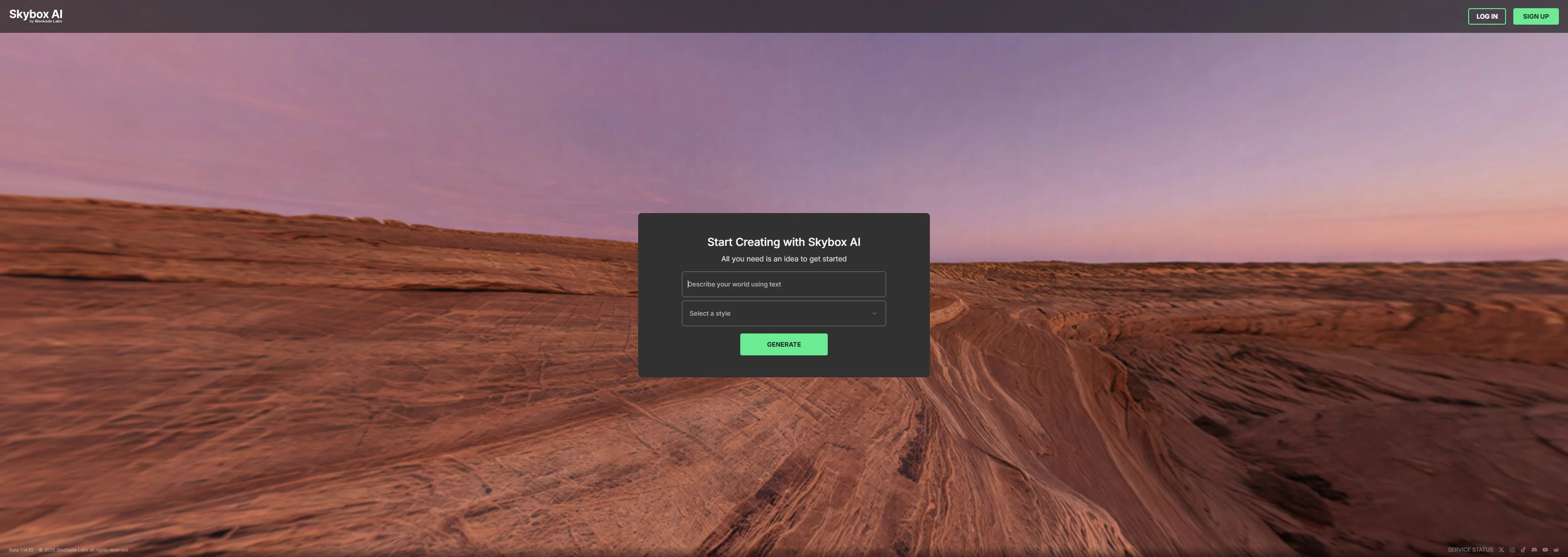 Public Skybox AI start screen with a 360-degree viewer, prompt field, style selector, and Generate action