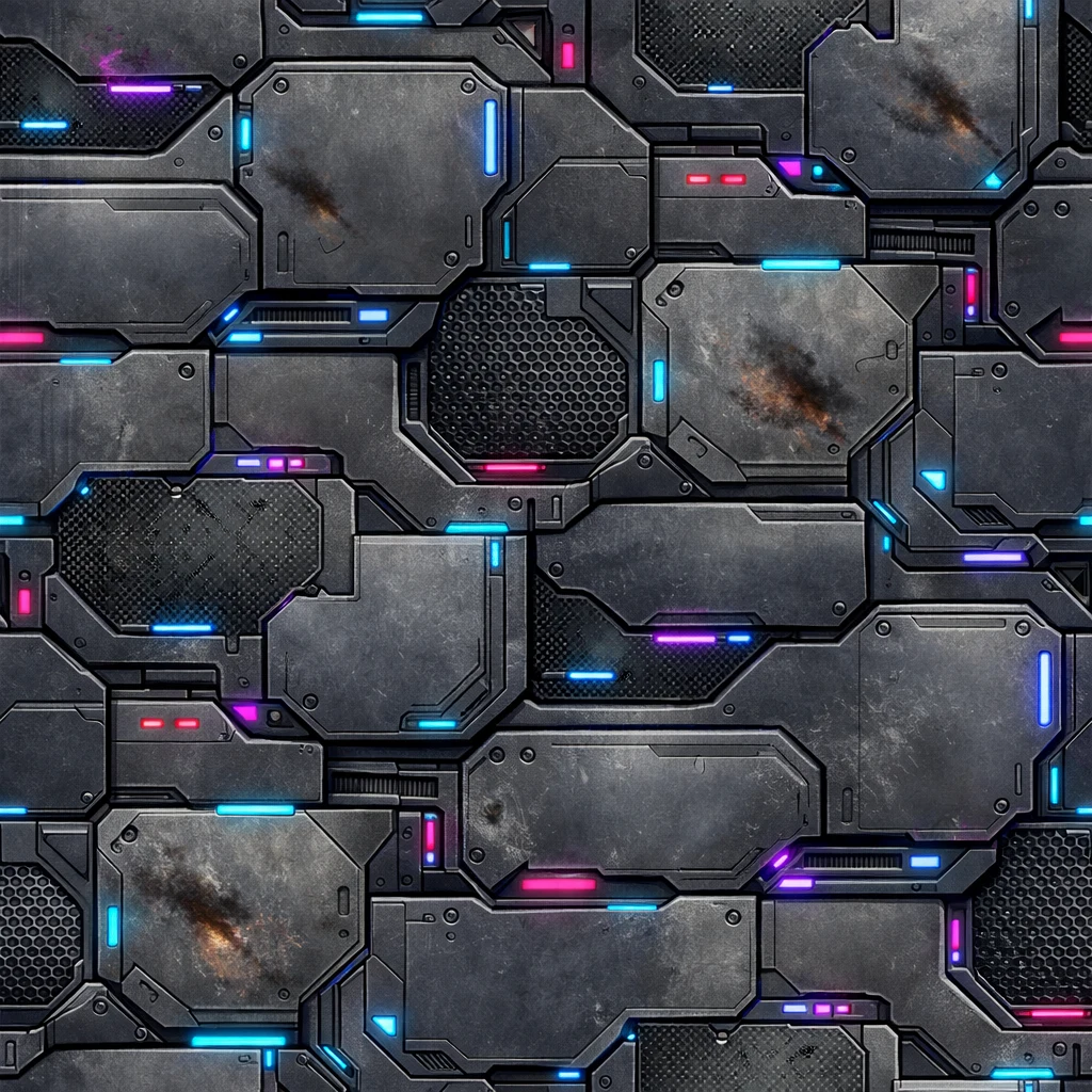 Seamless sci-fi neon bulkhead texture generated for futuristic game walls and panels