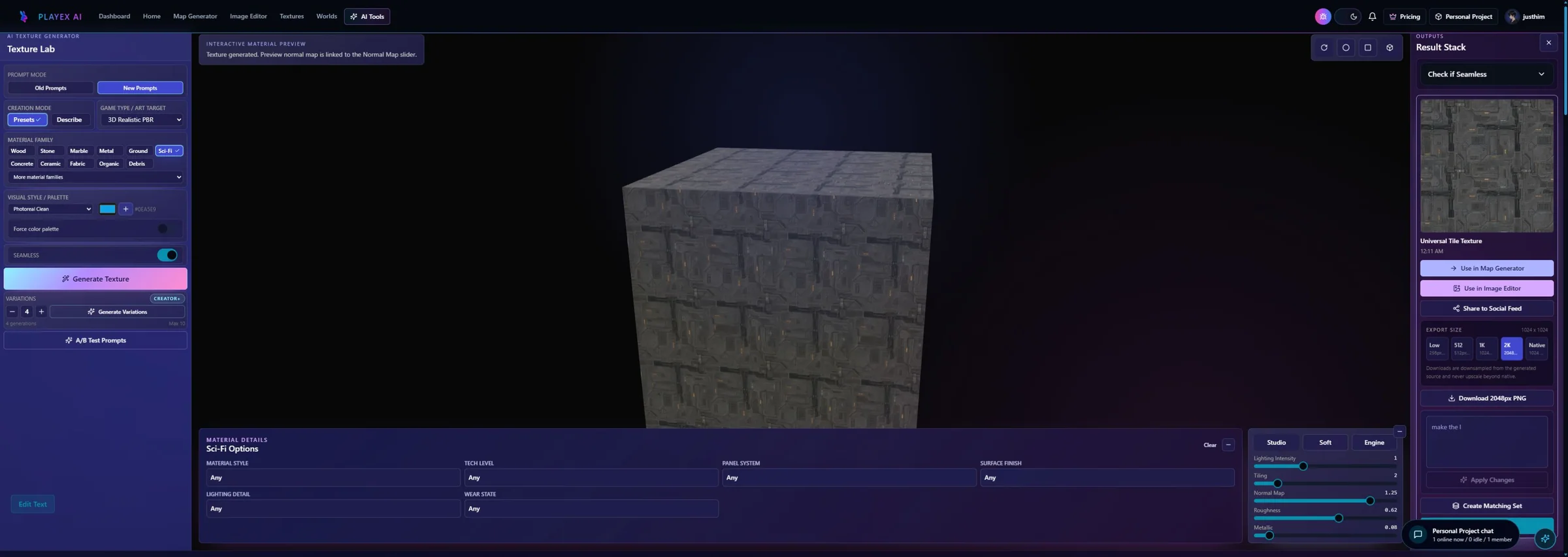 PLAYTEX AI Texture Lab showing a generated surface, material prompt controls, 3D cube preview, variations, and PNG export size