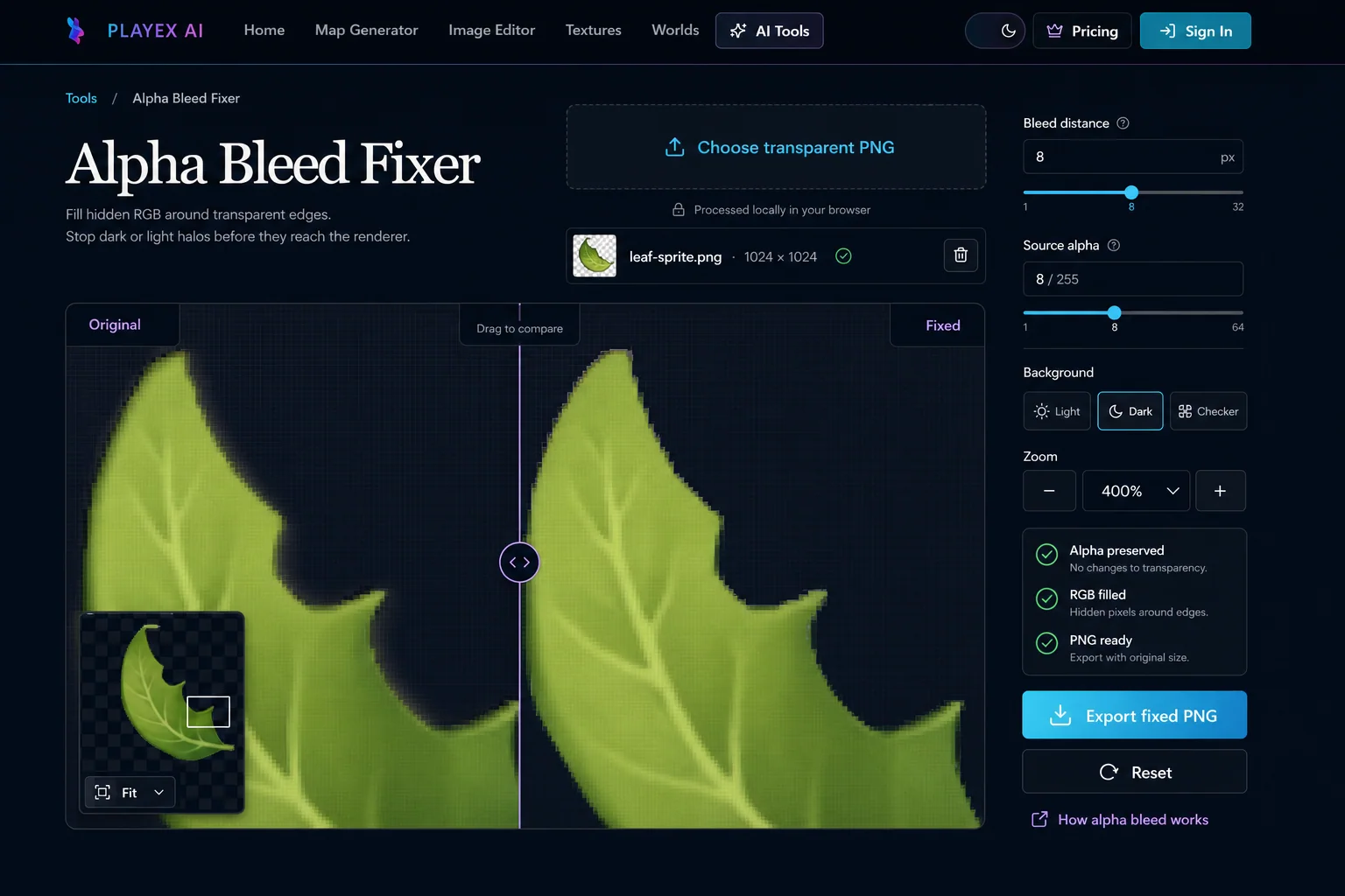 PLAYTEX AI Alpha Bleed Fixer comparing original and corrected transparent leaf edges with distance, source-alpha, background, zoom, and PNG export controls