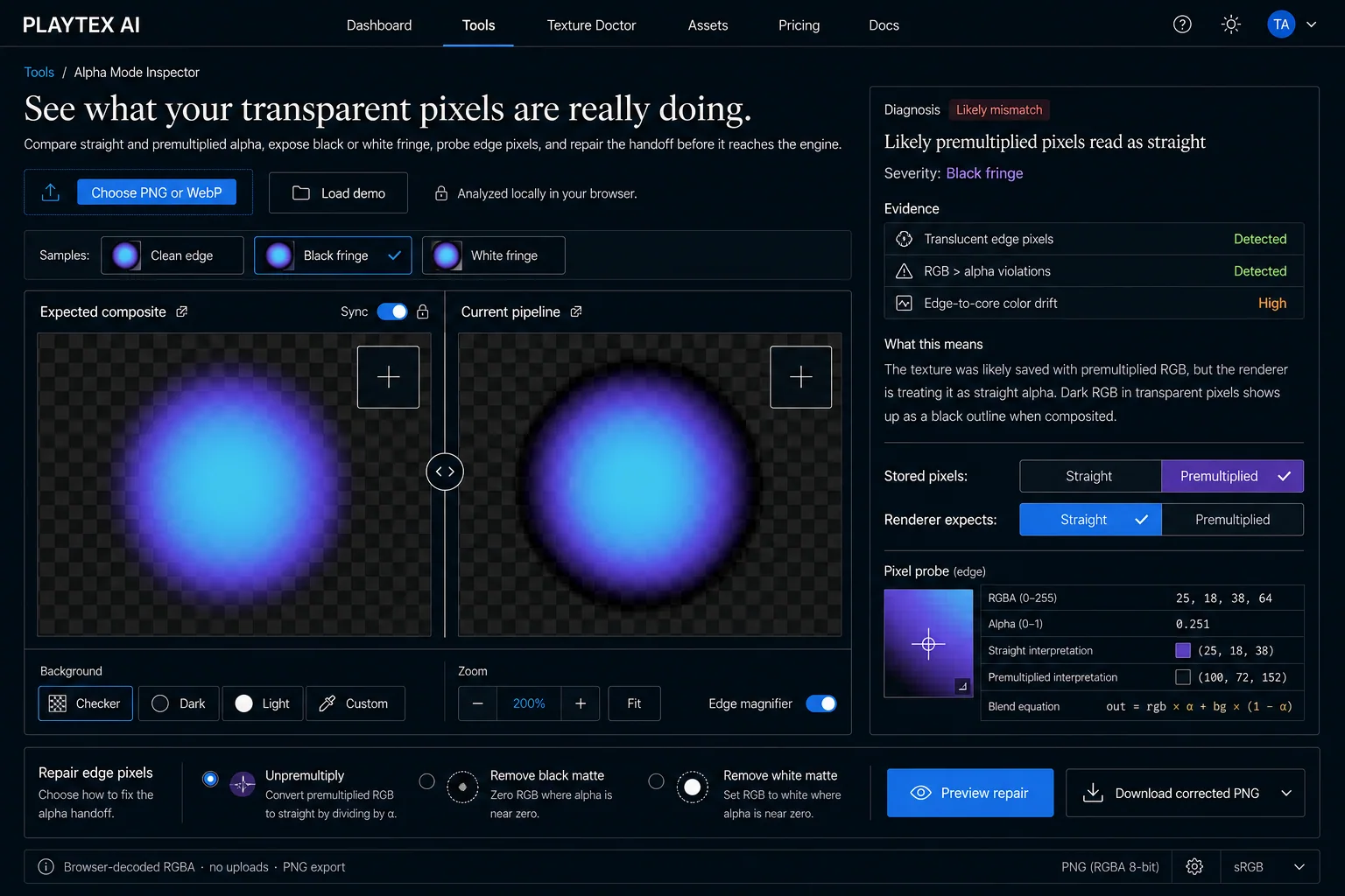 PLAYTEX AI Alpha Mode Inspector comparing clean and black-fringe composites with diagnosis, RGBA evidence, blend equations, and PNG repair controls