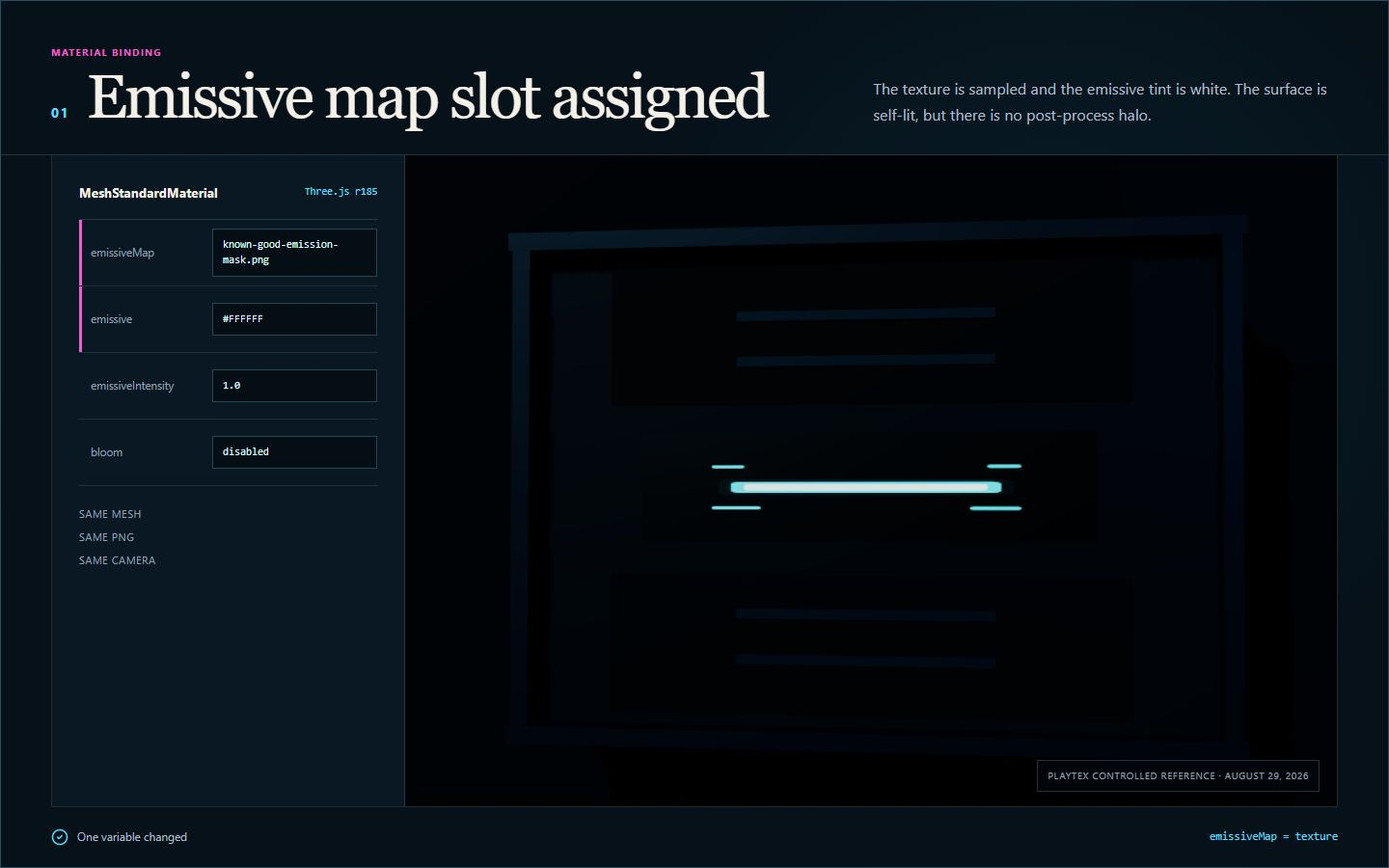 PLAYTEX AI Three.js r185 evidence capture with emissiveMap assigned, non-black emissive color, intensity 1, bloom disabled, and a dim cyan self-lit strip