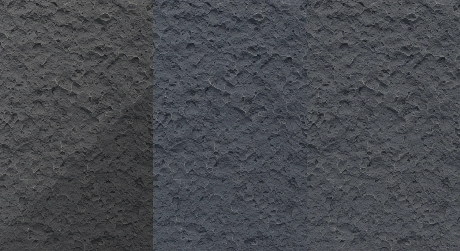 The same basalt texture source under simulated direct sun, open shade, and diffused lighting for an even-lighting texture photography comparison
