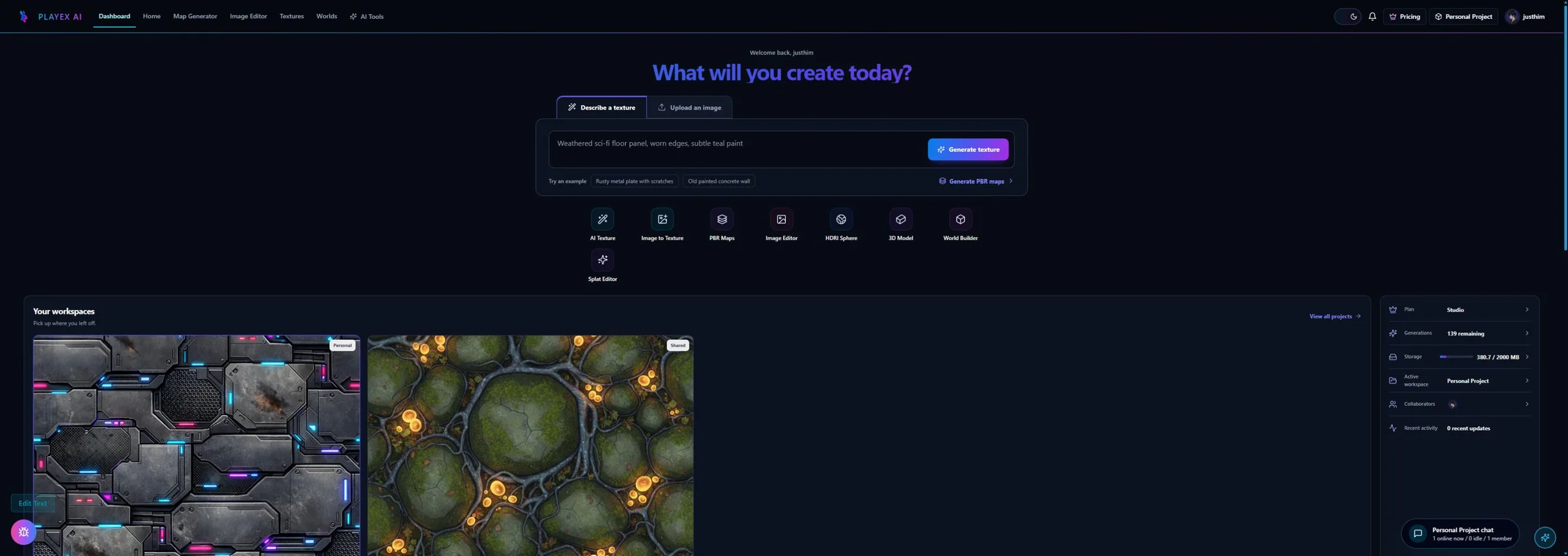 PLAYTEX AI dashboard showing texture generation, image upload, and connected creator tools