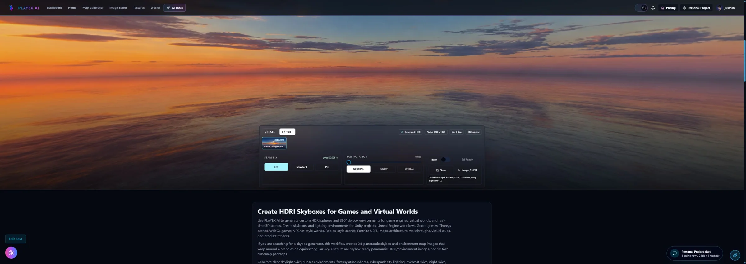 PLAYTEX AI 360-degree sunset panorama preview with the export controls open over the environment