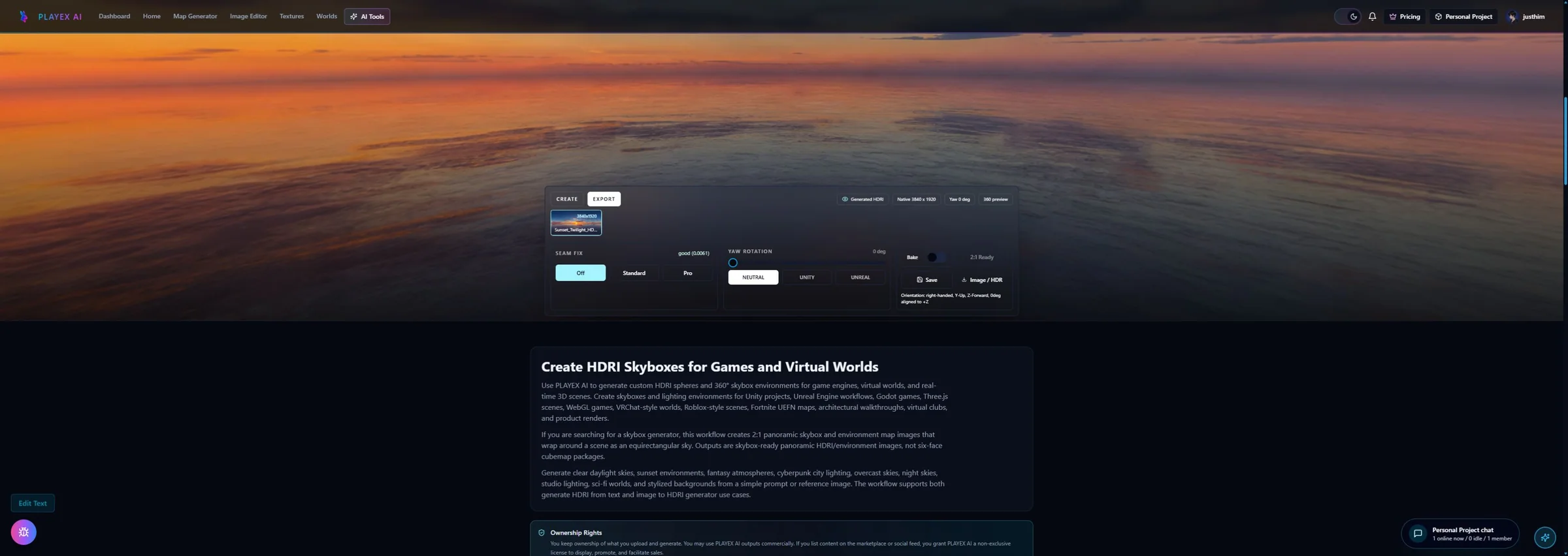 PLAYTEX AI interactive 360-degree environment preview showing a generated sunset panorama