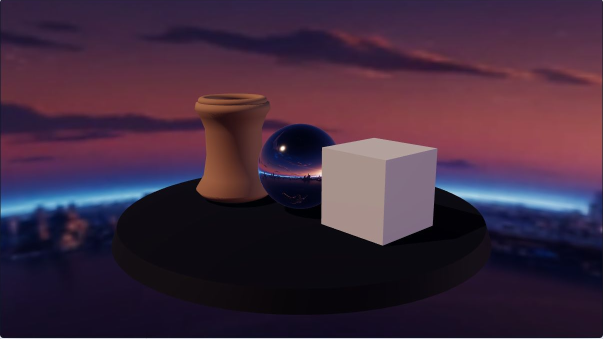 HDRI vs skybox evidence scene comparing LDR background, HDR lighting, reflections, and background-only use