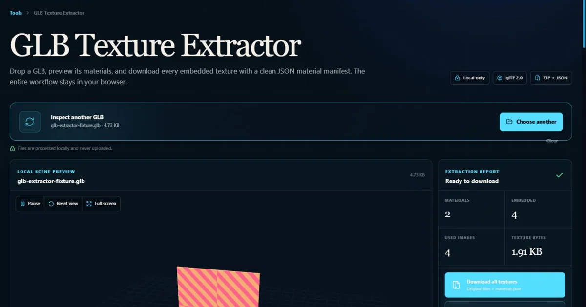 PLAYTEX AI GLB Texture Extractor with a loaded model preview, extraction counts, and ZIP plus JSON download actions