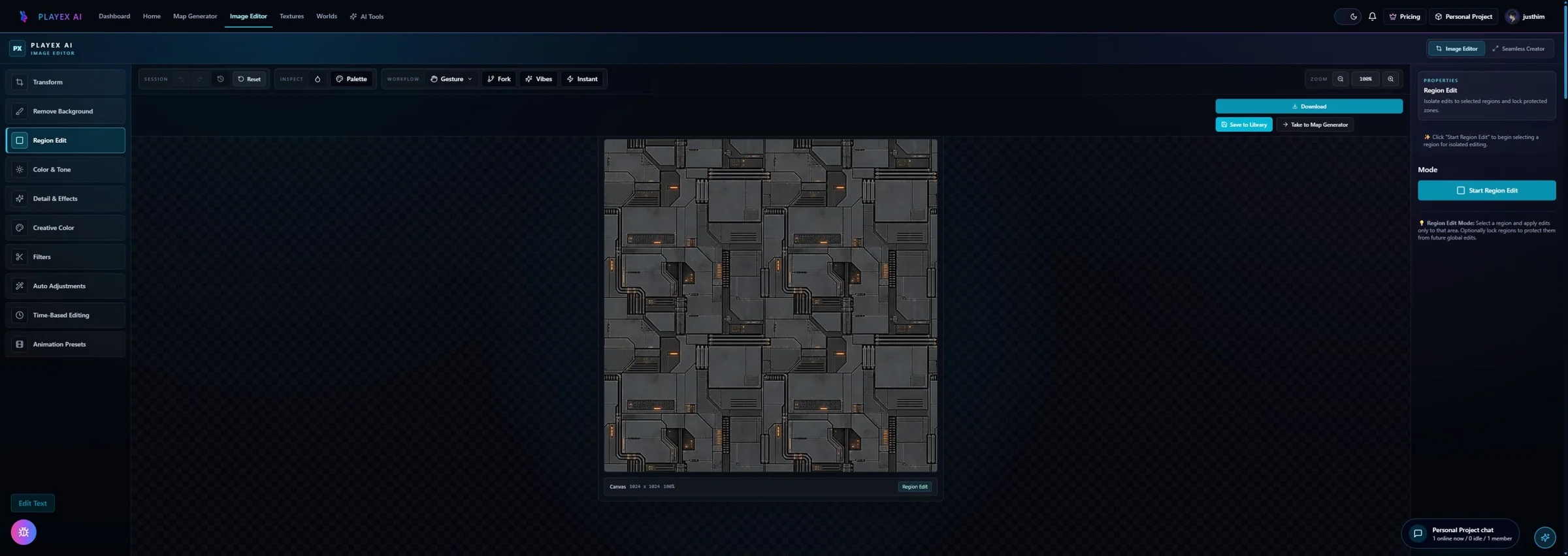PLAYTEX AI Image Editor with Region Edit controls open beside a hard-surface texture
