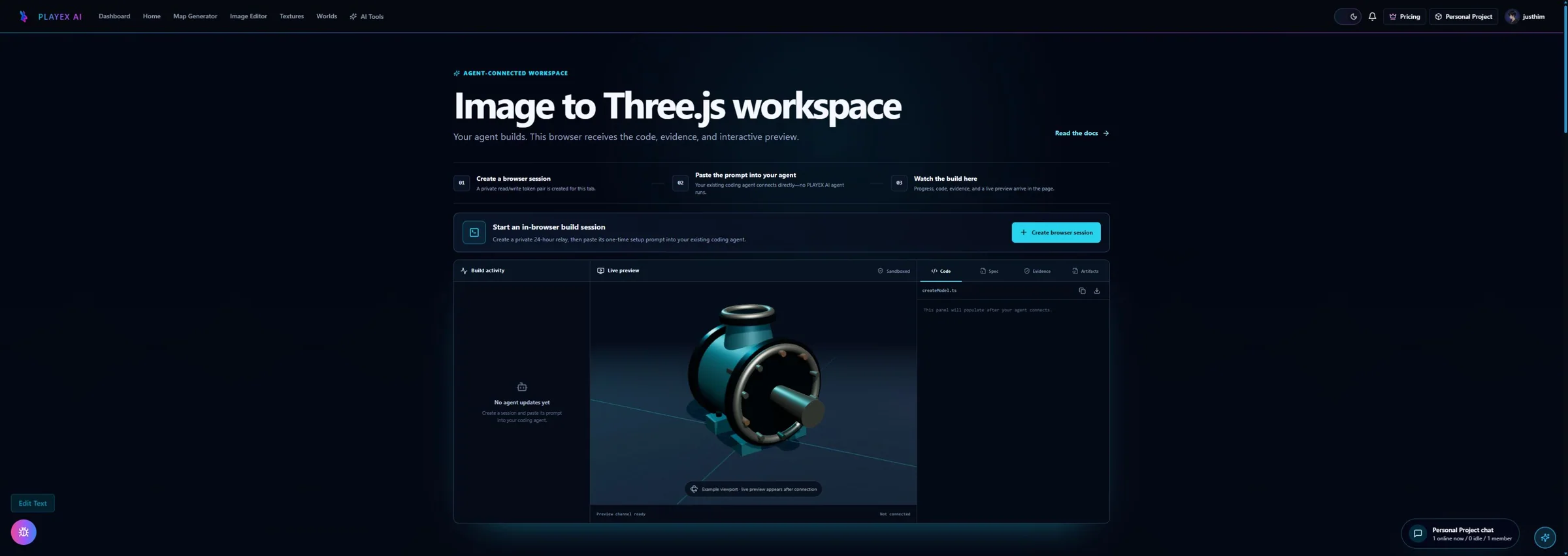 Three.js browser workspace with generated scene code and rendered preview