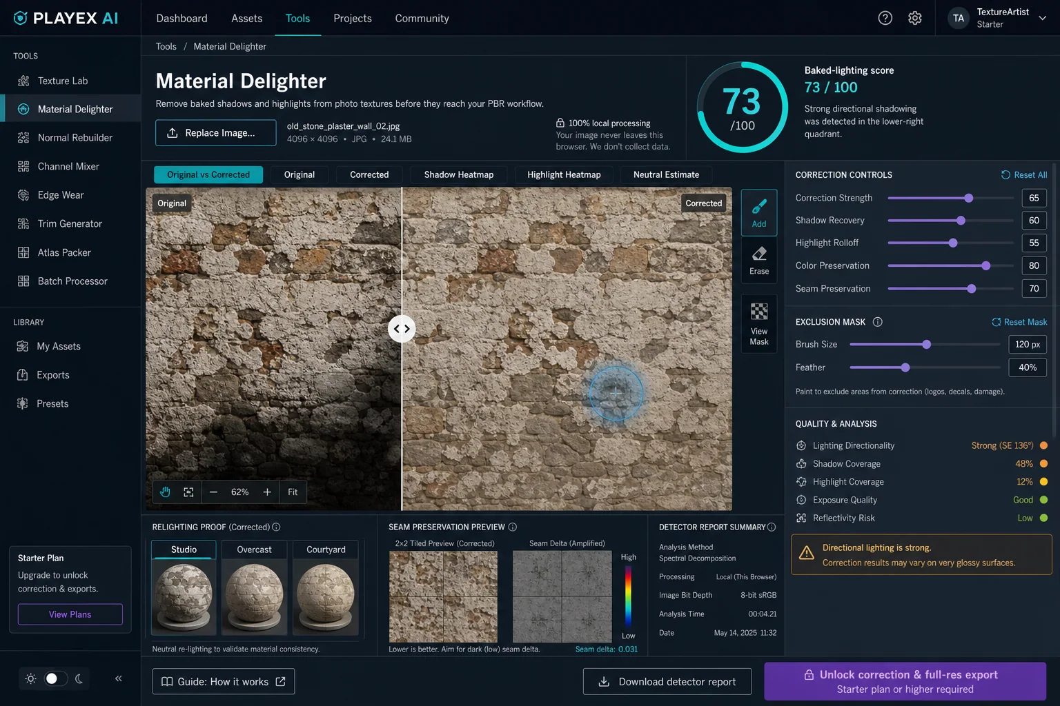 PLAYTEX AI Material Delighter showing original and corrected stone, baked-lighting score, correction controls, heatmaps, masks, and relighting proof