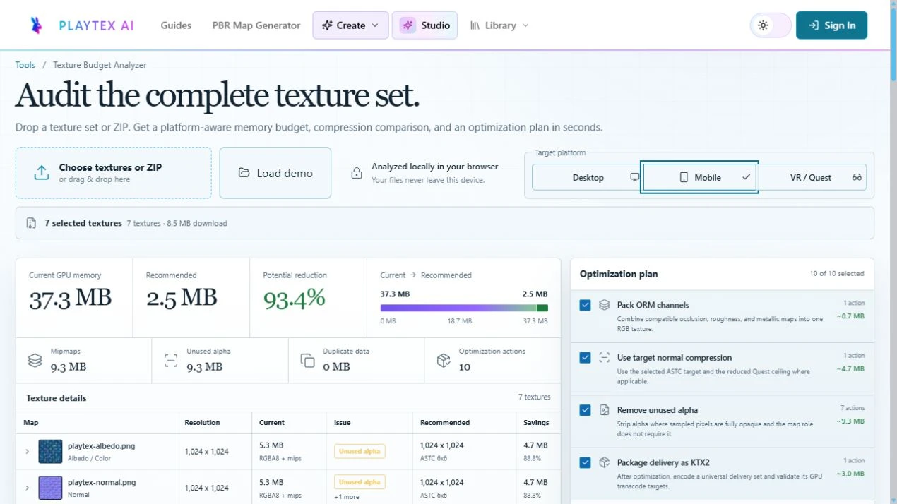 PLAYTEX AI Texture Budget and VRAM Analyzer showing a mobile texture set report and optimization recommendations