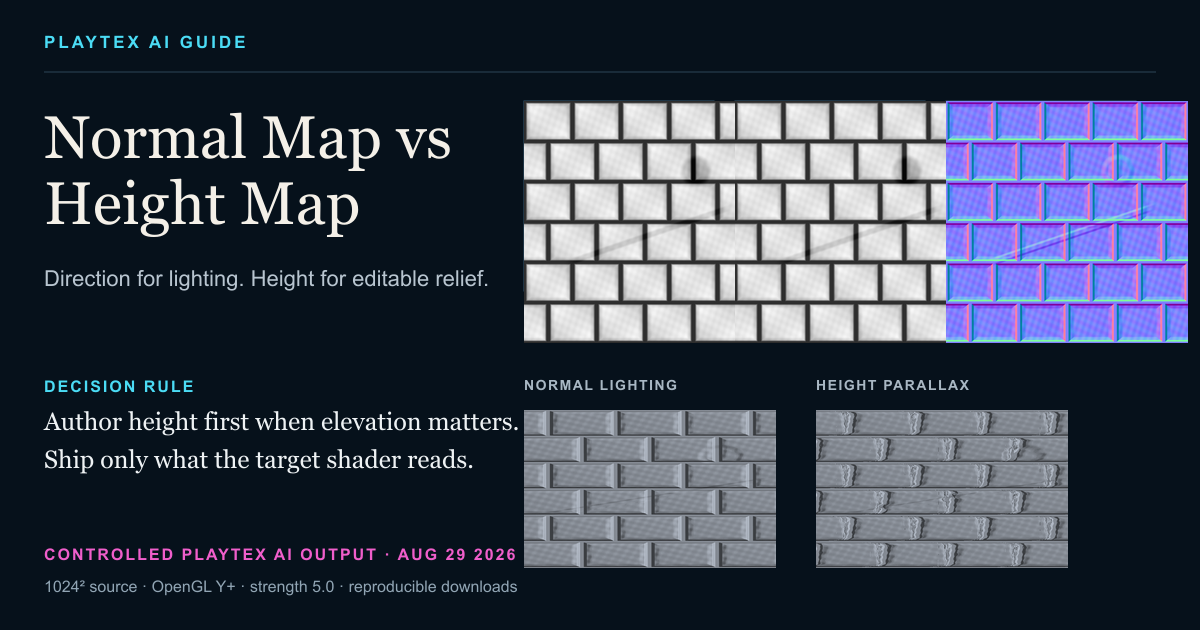 Normal map vs height map comparison using one controlled PLAYTEX AI relief source, a grayscale height output, an OpenGL tangent-space normal, and two grazing-angle renders
