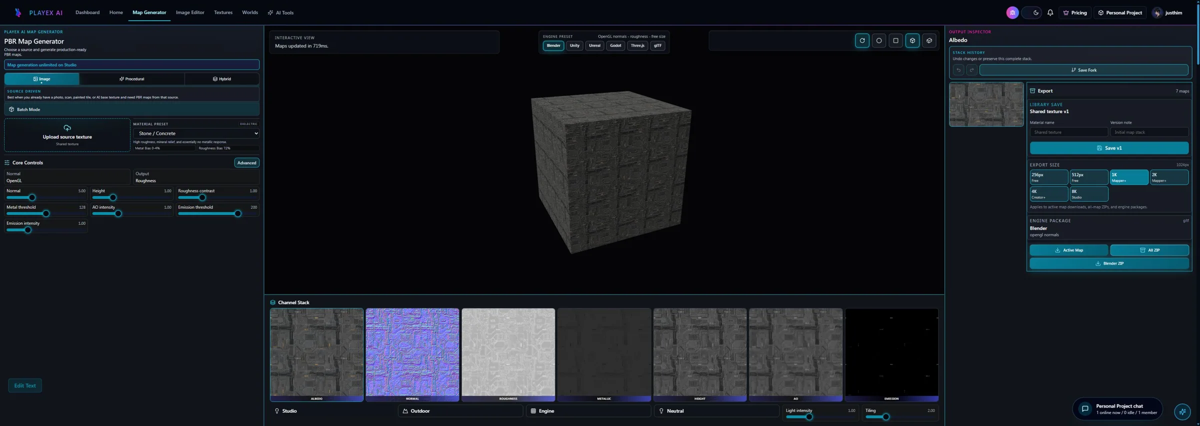 PLAYTEX AI PBR Map Generator with seven maps, engine presets, and an engine ZIP action