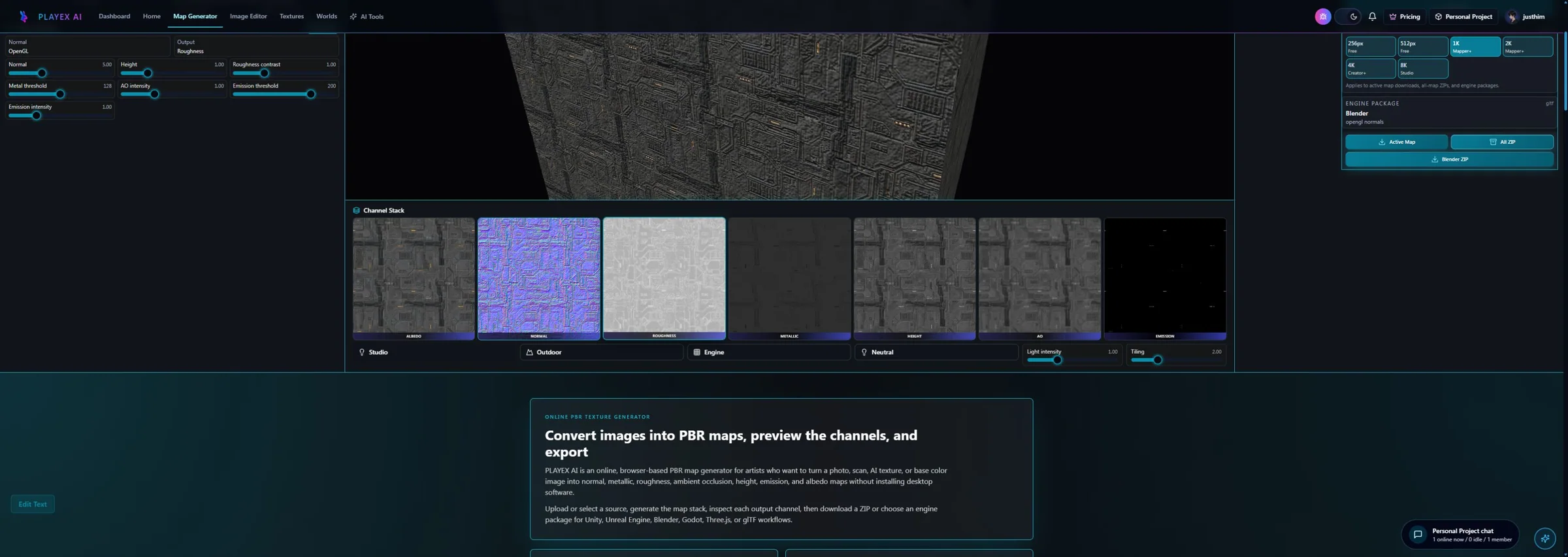 PLAYTEX AI PBR workspace with the roughness map selected for channel review