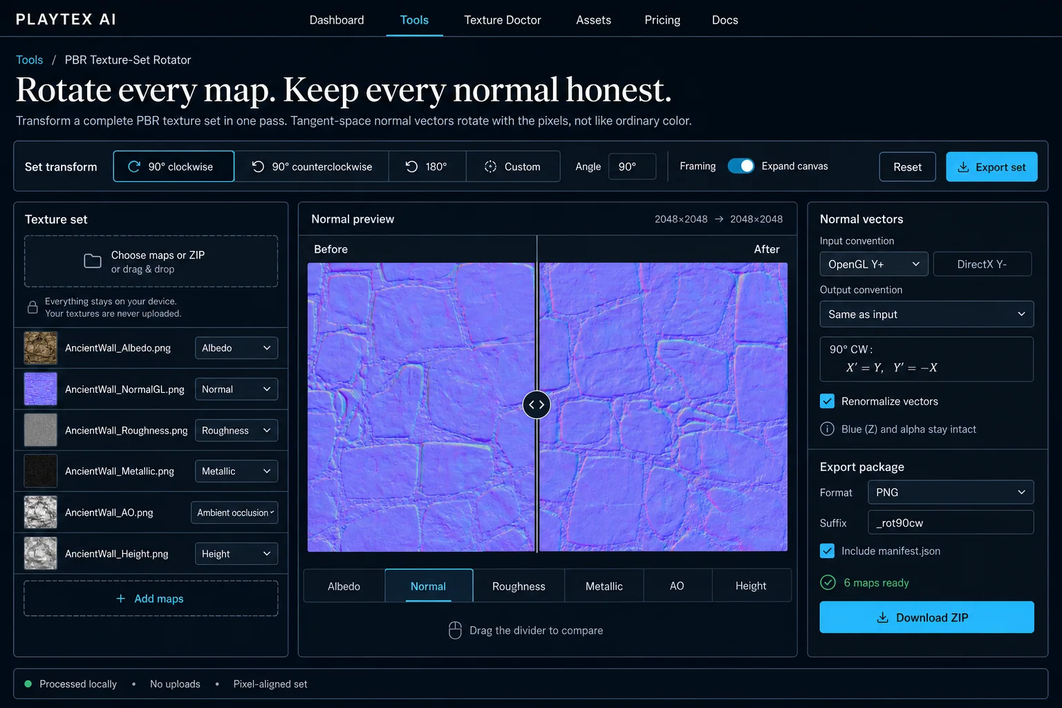 PLAYTEX AI PBR Texture-Set Rotator with six loaded maps, before and after normal previews, vector conventions, formula, and ZIP export