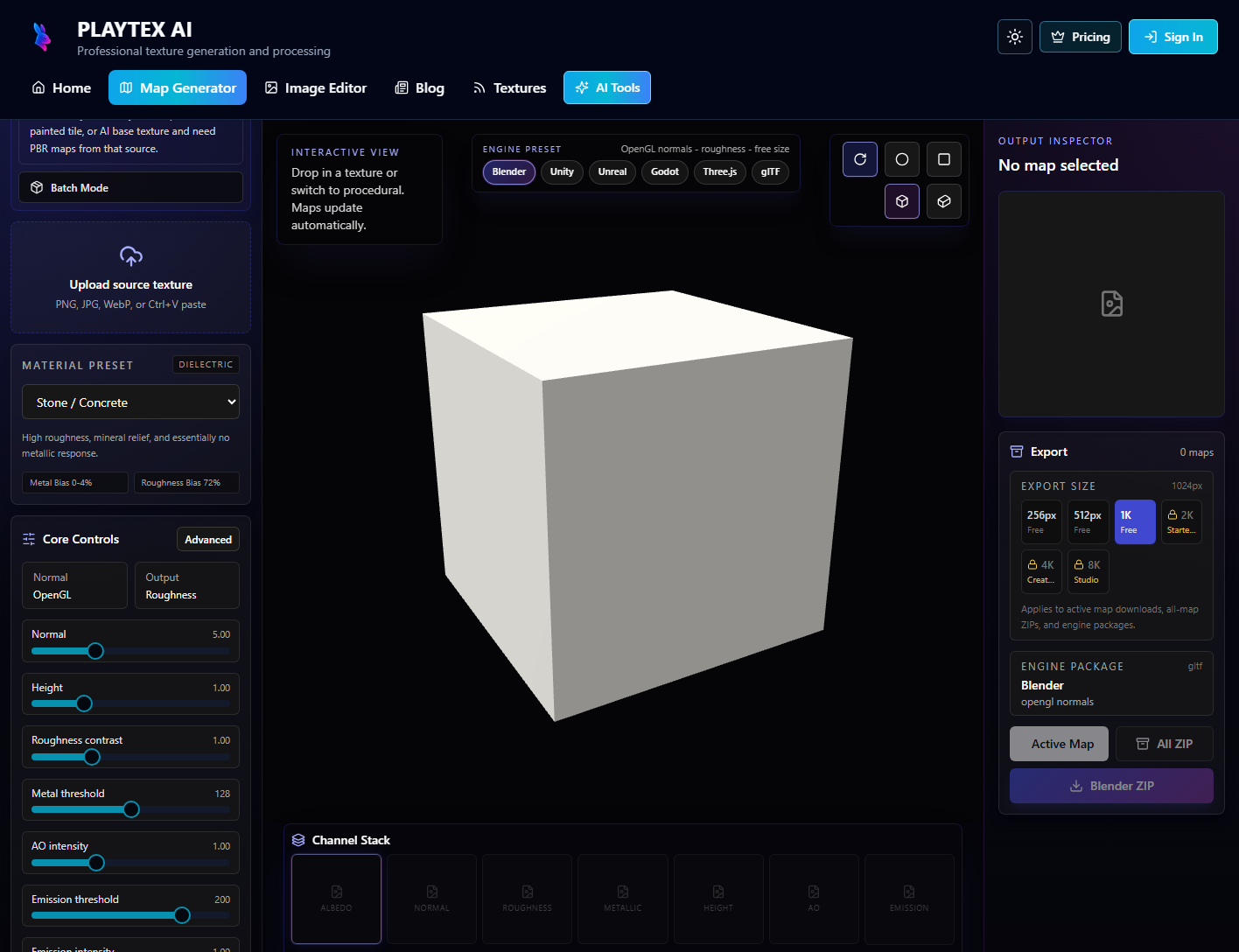 PLAYTEX AI PBR generator emission controls screenshot