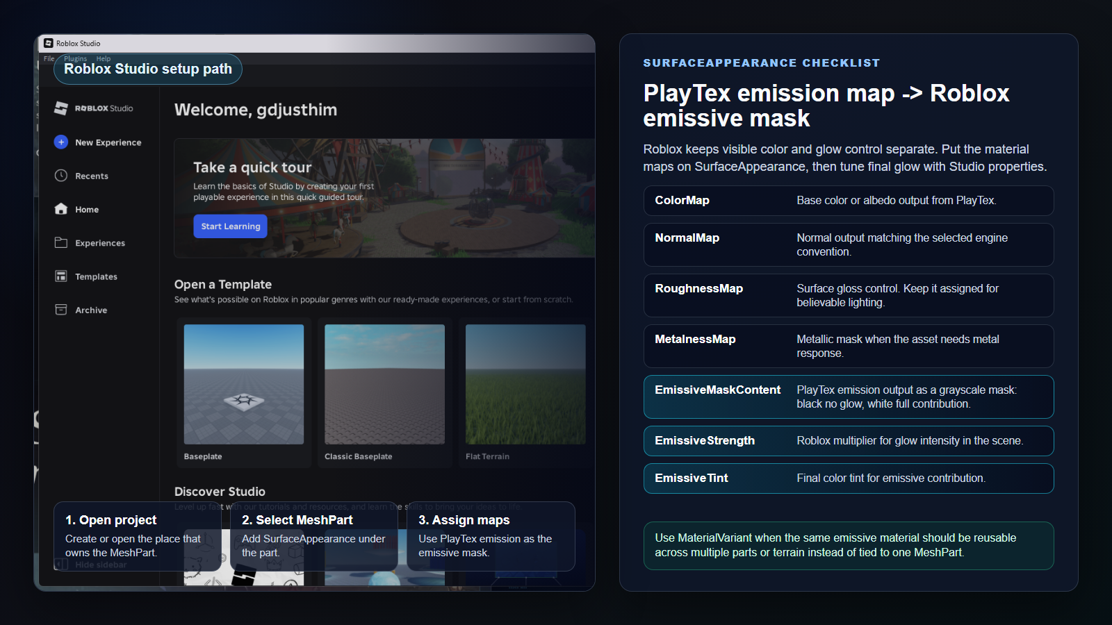 Annotated Roblox Studio SurfaceAppearance setup workflow for emission maps