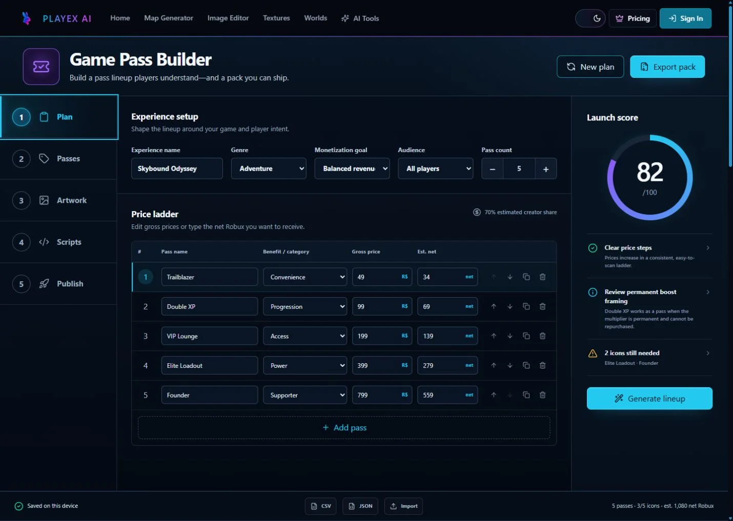 PLAYTEX AI Roblox Game Pass Builder showing a five-pass price ladder, estimated net Robux, and launch score