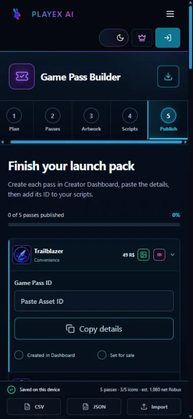 Mobile PLAYTEX AI Game Pass Builder publish step with an Asset ID field and Creator Dashboard checklist