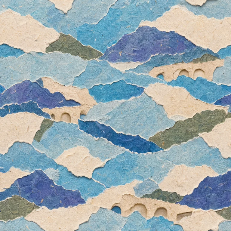 Seamless paper-cut collage texture with layered cream, sky blue, navy, and muted green shapes