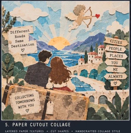 Paper-cut collage artwork showing a town, mountains, blue waterways, roads, and story text