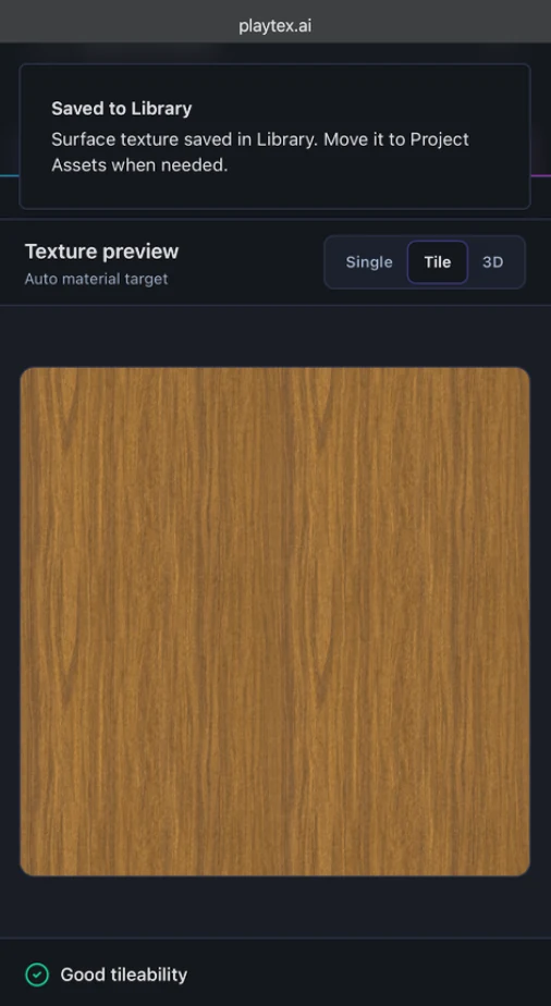 PLAYTEX AI mobile tile preview showing the wood photo converted into a repeating texture