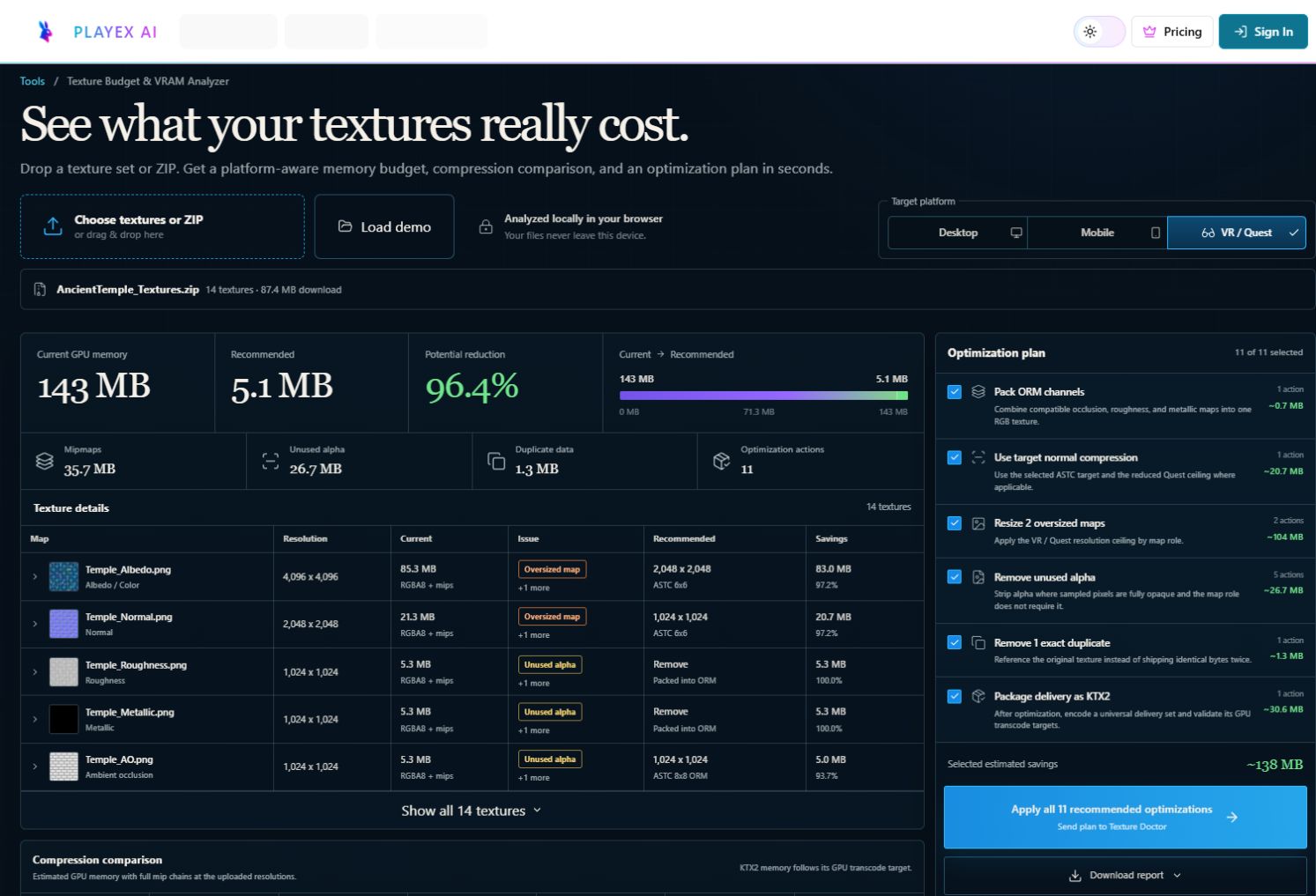 Texture memory analyzer showing decoded texture costs and optimization controls