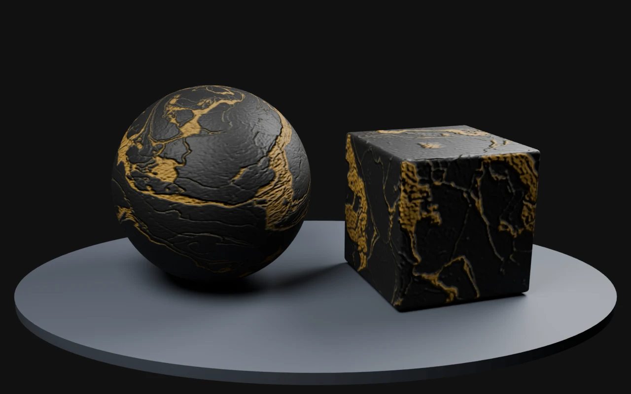 Black and gold marble rendered on a sphere and beveled cube with derived PBR maps in Blender Cycles