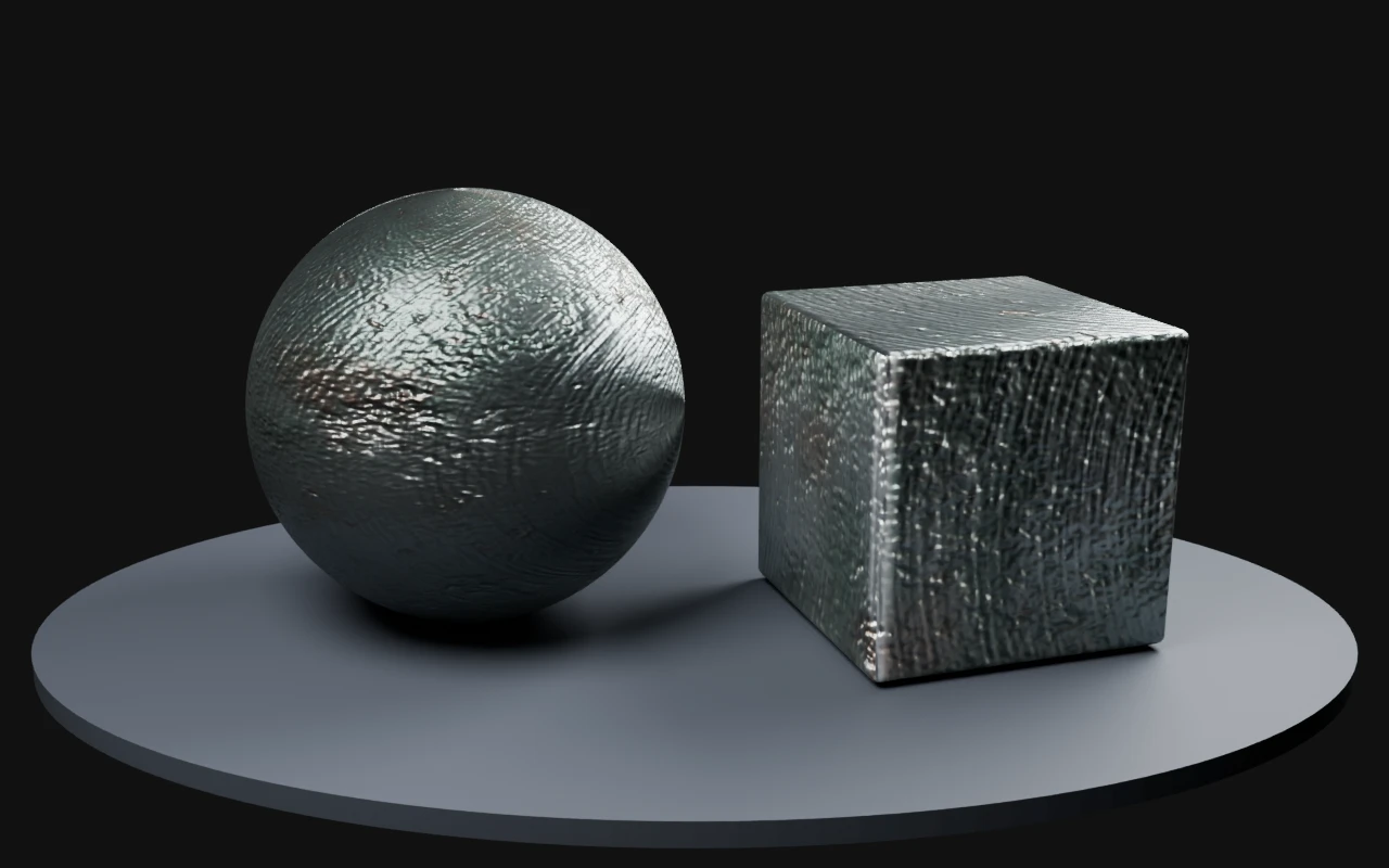 Brushed metal rendered on a sphere and beveled cube with derived PBR maps in Blender Cycles