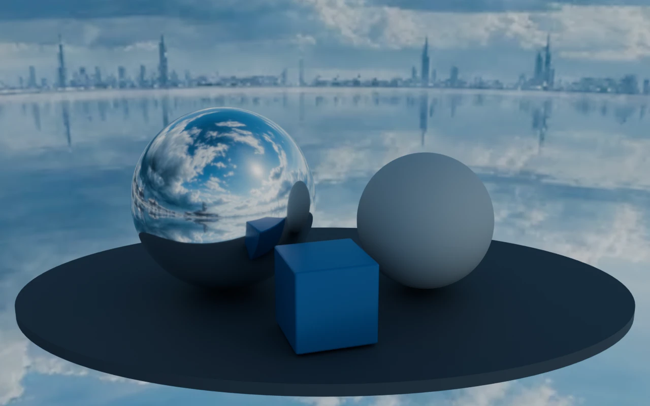 Clouds over a mirrored horizon rendered on a scene with reflective and matte spheres in Blender Cycles