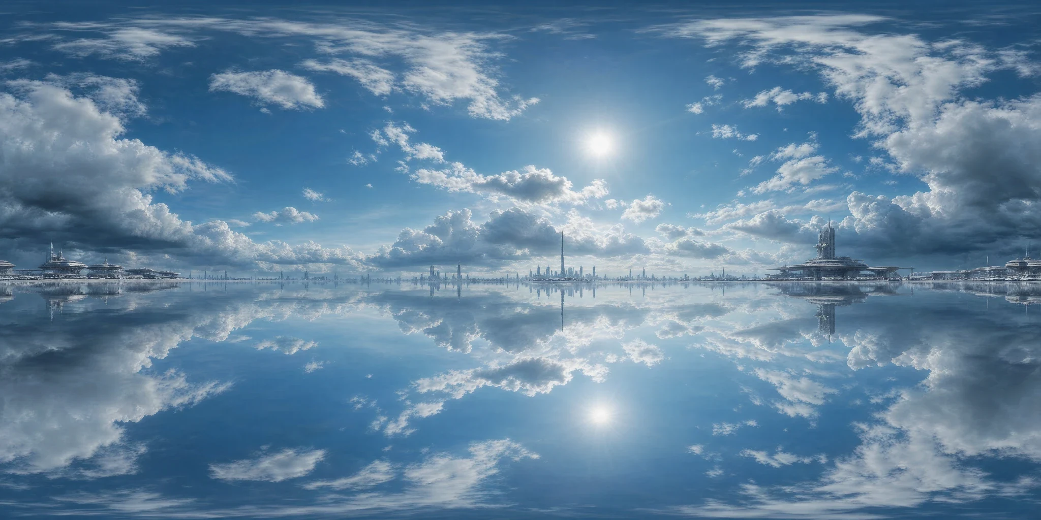 Clouds over a mirrored horizon 2:1 equirectangular panorama