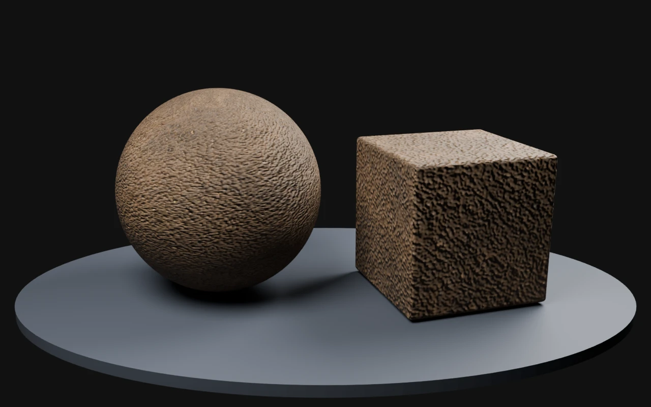 Fine earth ground rendered on a sphere and beveled cube with derived PBR maps in Blender Cycles