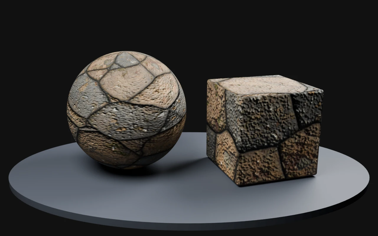 Weathered field stone rendered on a sphere and beveled cube with derived PBR maps in Blender Cycles