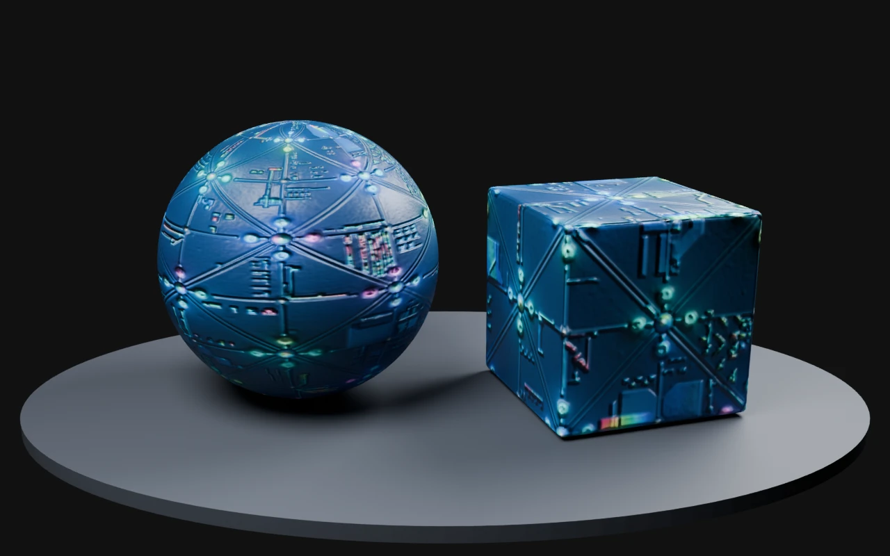 Holographic sci-fi panel rendered on a sphere and beveled cube with derived PBR maps in Blender Cycles