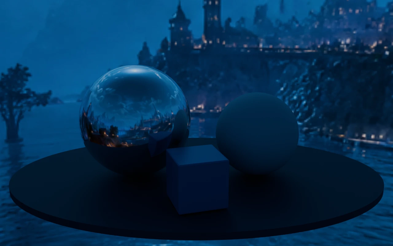Fantasy city at night rendered on a scene with reflective and matte spheres in Blender Cycles