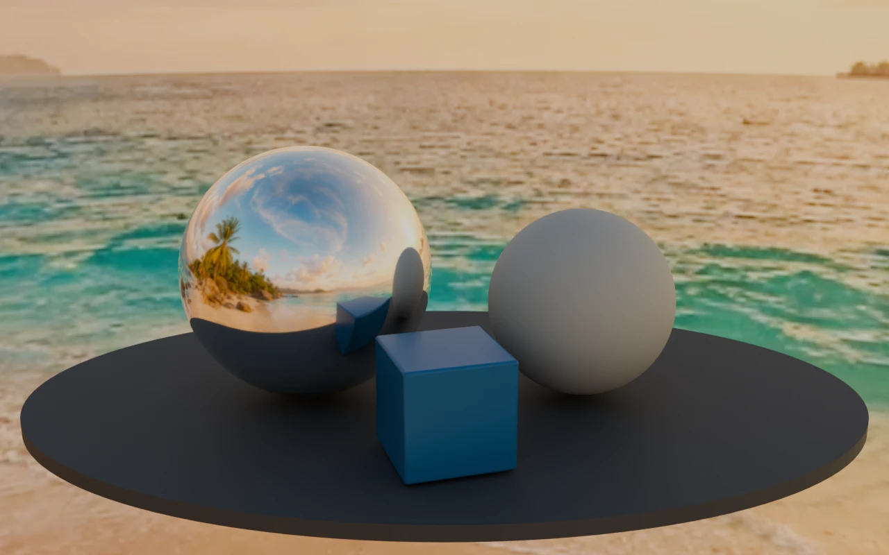 Tropical beach at golden hour rendered on a scene with reflective and matte spheres in Blender Cycles