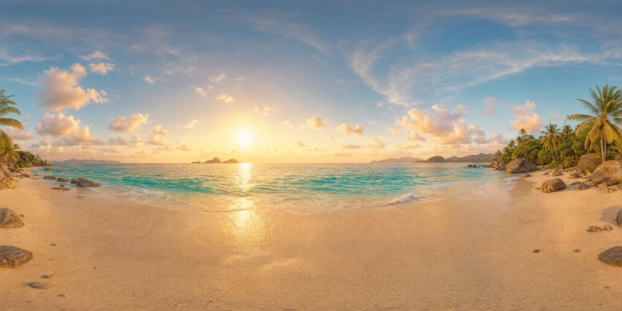 Tropical beach at golden hour 2:1 equirectangular panorama