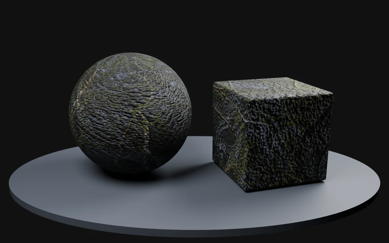 Wet basalt with moss rendered on a sphere and beveled cube with derived PBR maps in Blender Cycles